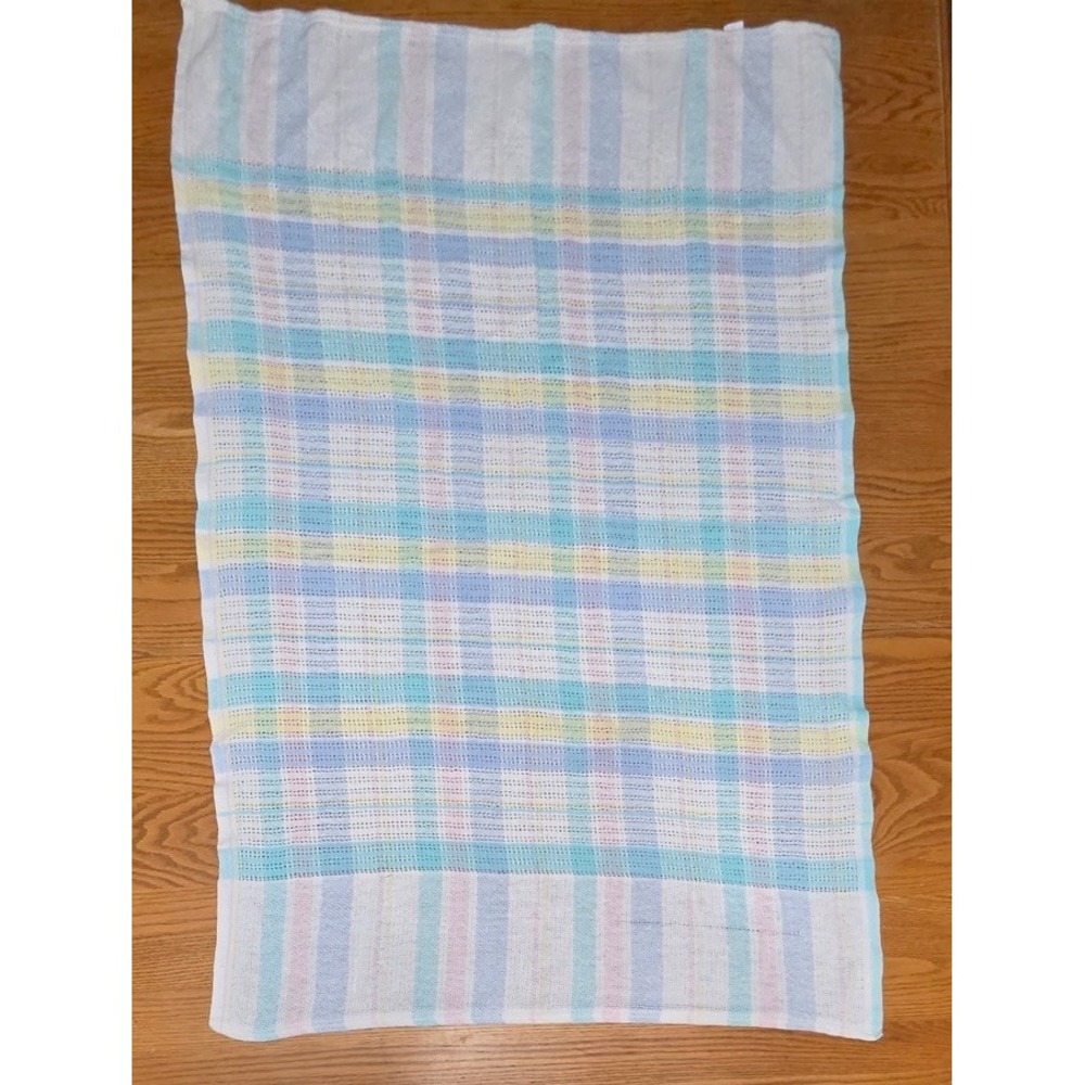Vintage Beacon WPL 1675 Pastel Plaid Baby Blanket Blue Pink Yellow Cotton USA